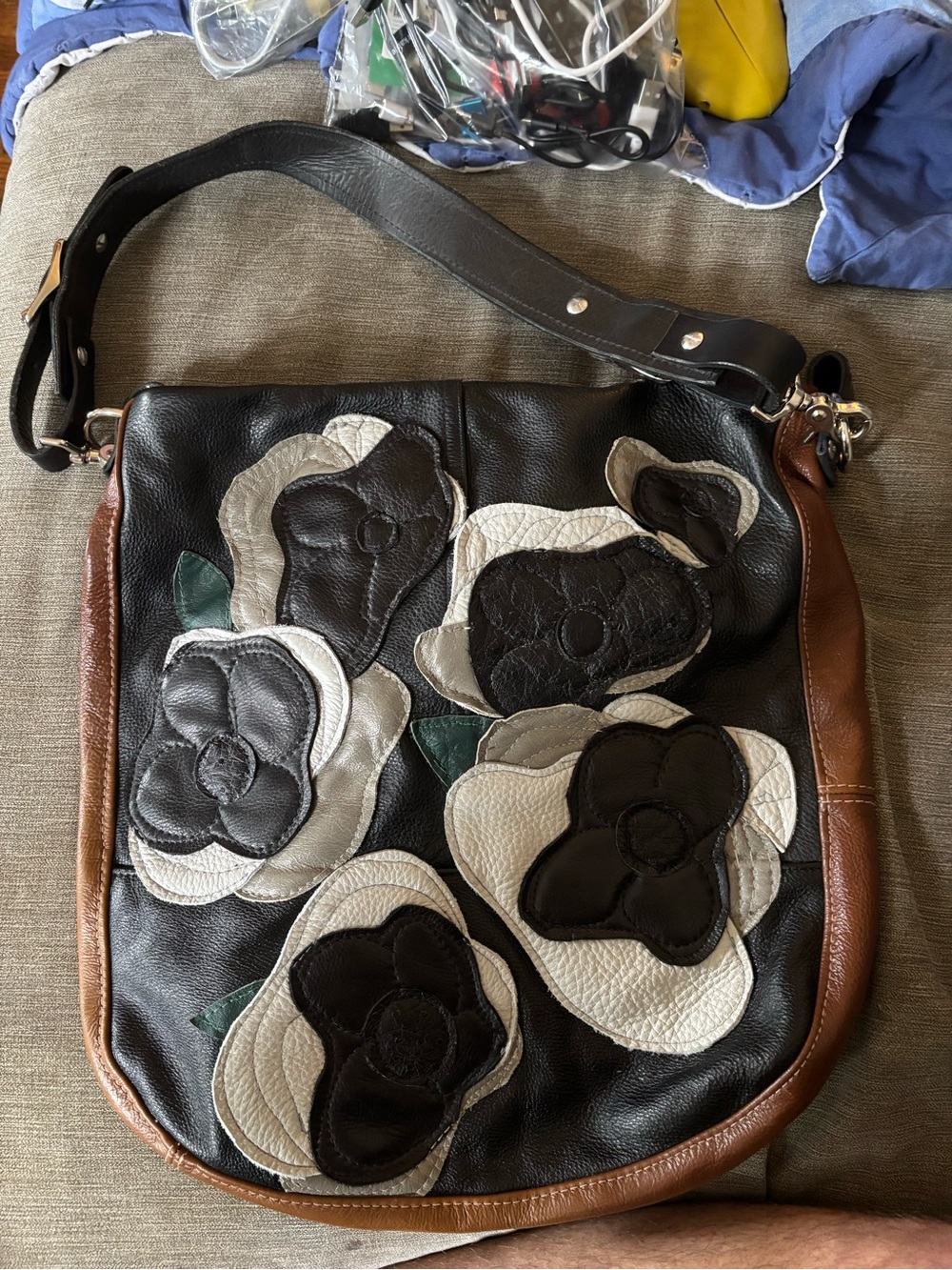 Women’s brown Black Leather Floral up-cycled Shoulder Bag from Kilner Goods